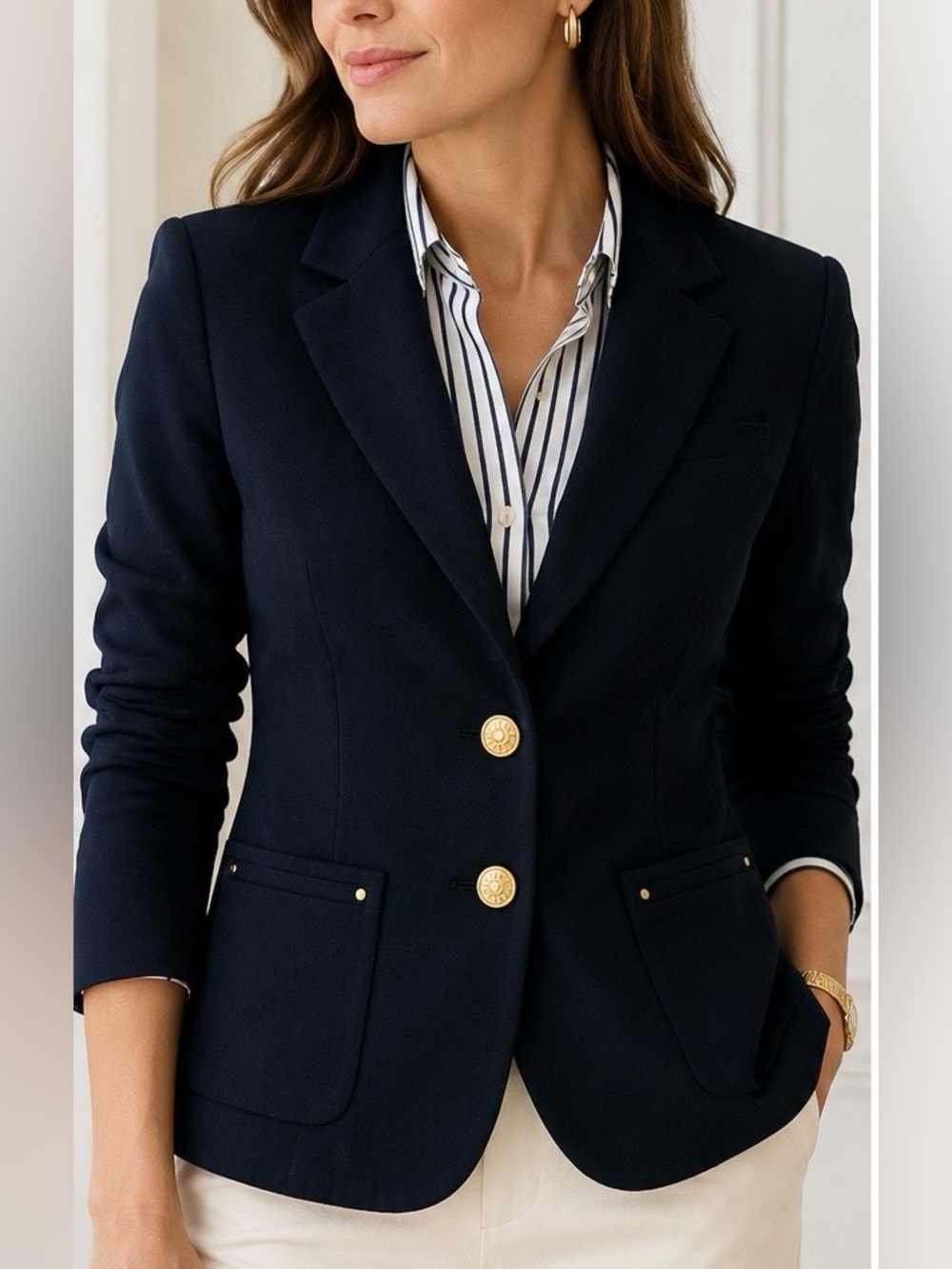 Anne Klein Dark Navy Blue Gold Lion Button Tailored Blazer Preppy Equestrian 4